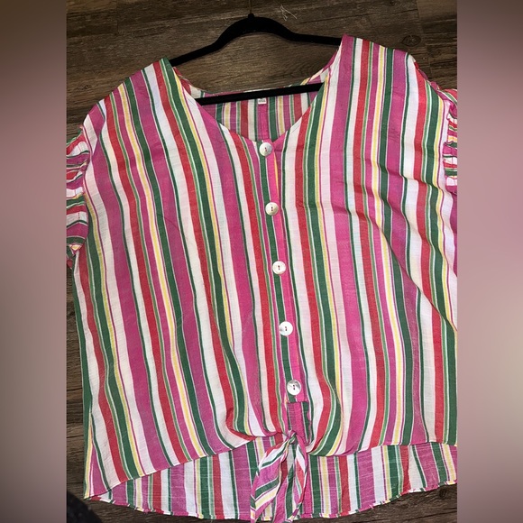 Notations Colorful Button Down Tie Blouse - Picture 7 of 8